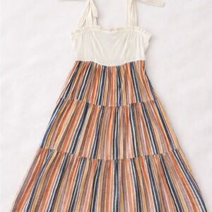 Anthropologie By The River Striped Contrast midi Dress Tiered and Smocked Back
